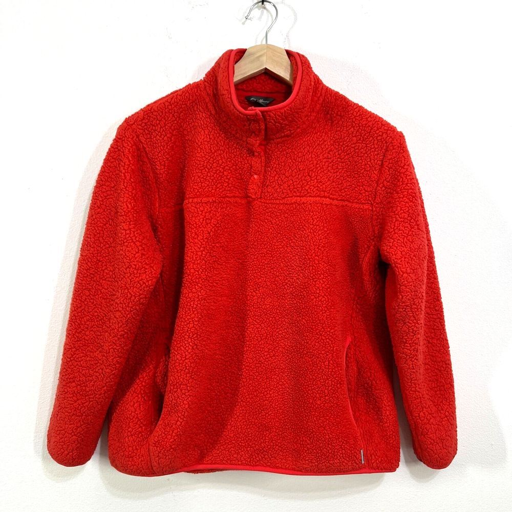 Eddie Bauer Sherpa Fleece Pullover Sweatshirt Women Large Red Snap Collar Cozy